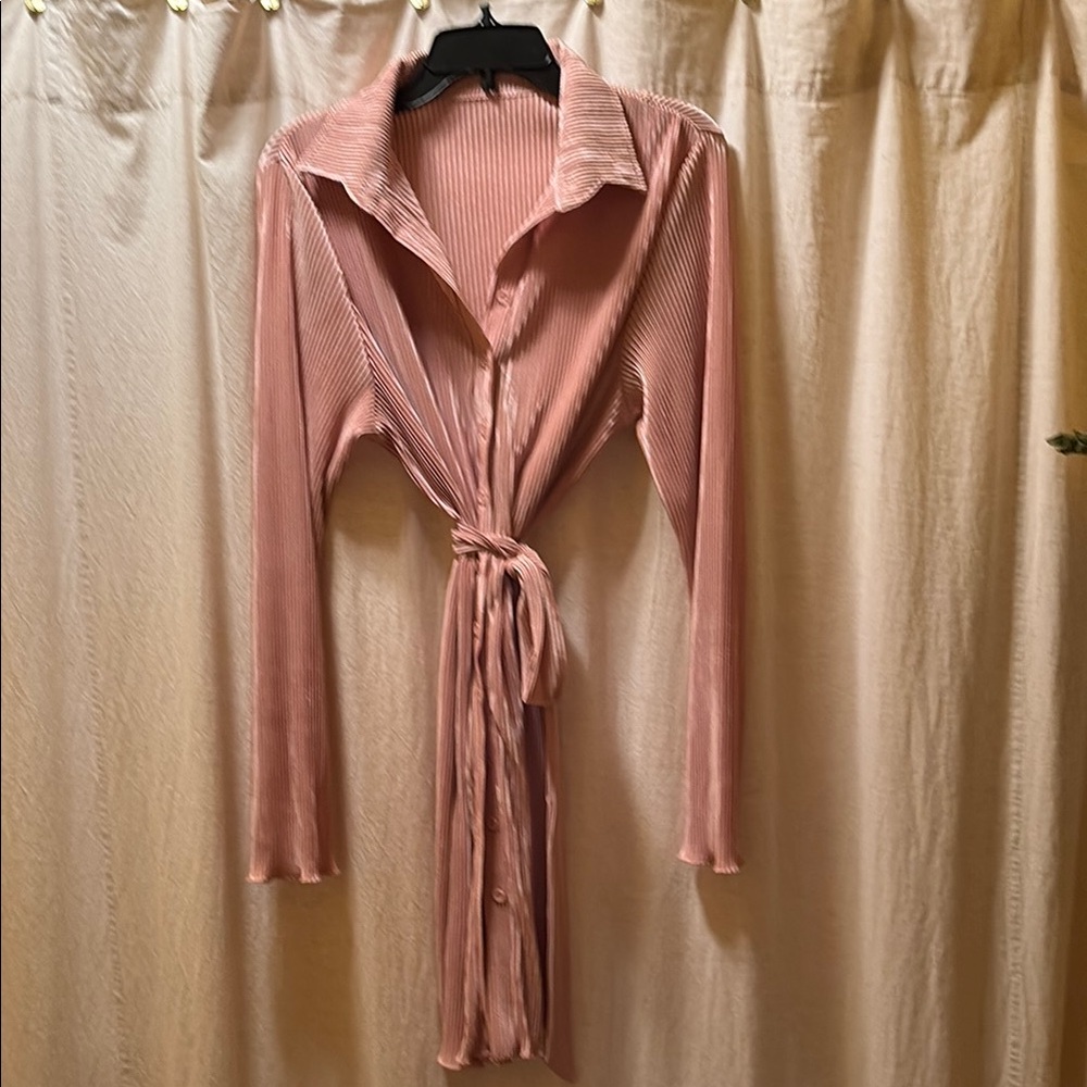 Pink Long Sleeve Notched Collar Mini Dress